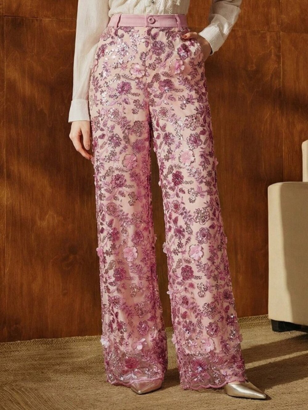 Pink Boho Women's Floral Mesh Sequin Straight Leg Pants